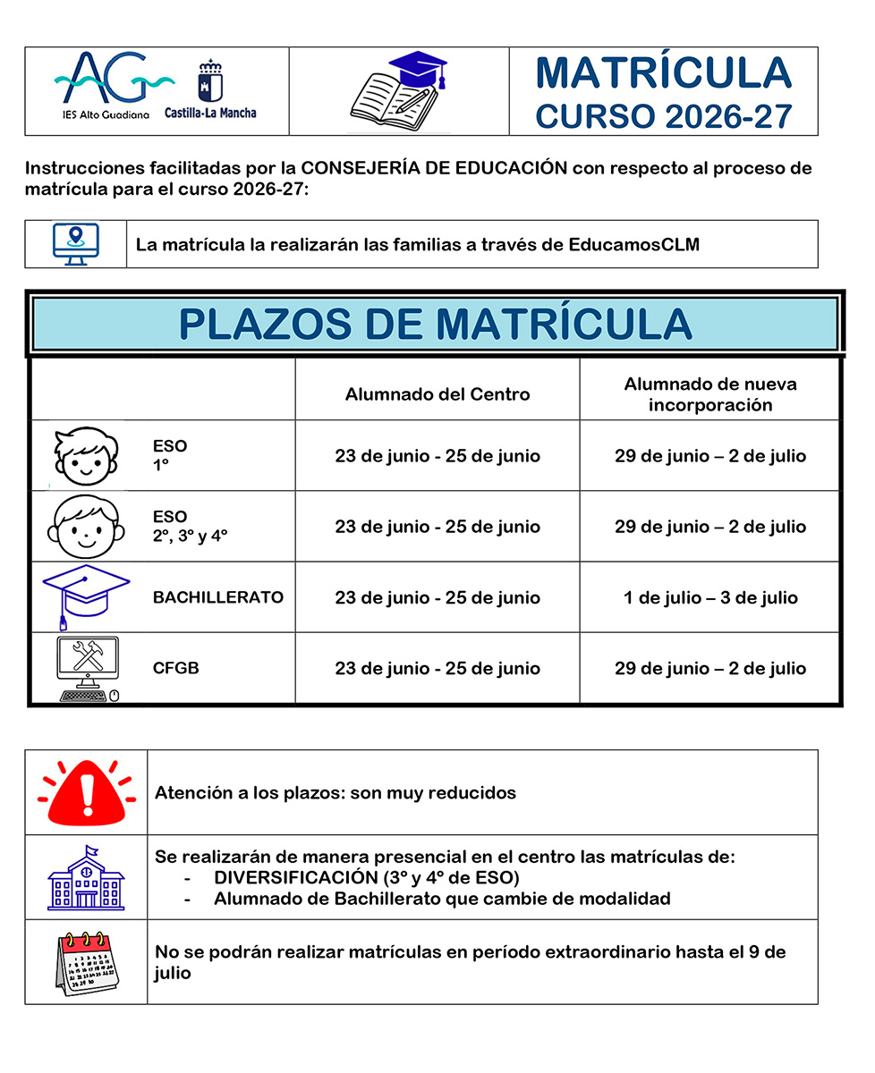 Instrucciones de matrícula para el curso 2026-2027
